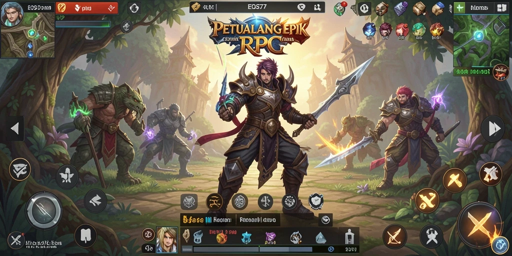 Antarmuka menarik EOS77 dengan elemen RPG yang fungsional.