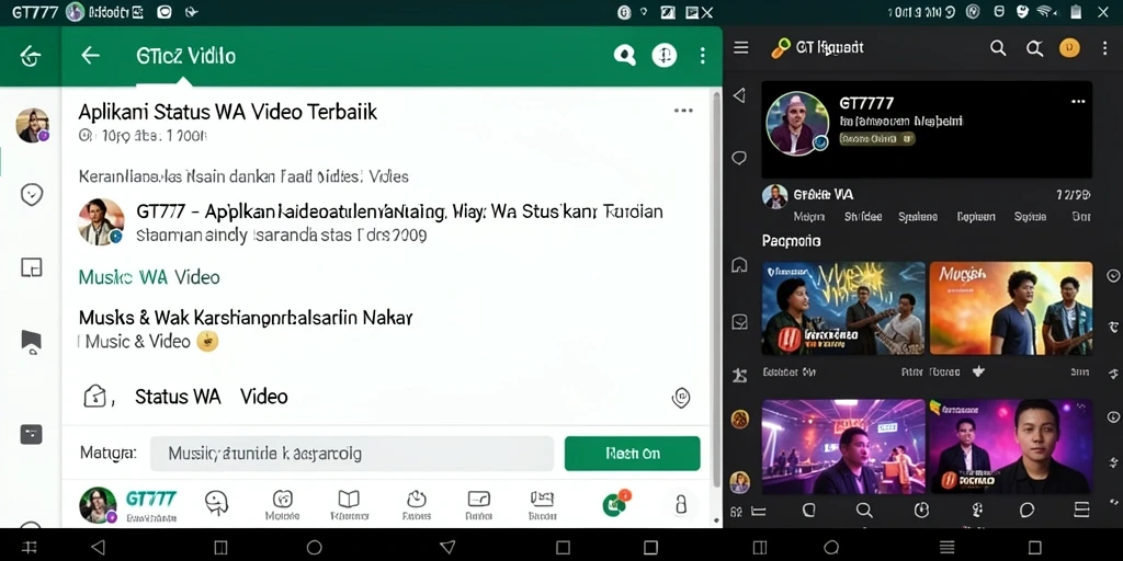Screenshot aplikasi GT777 menampilkan fitur pencarian video status yang mudah digunakan.